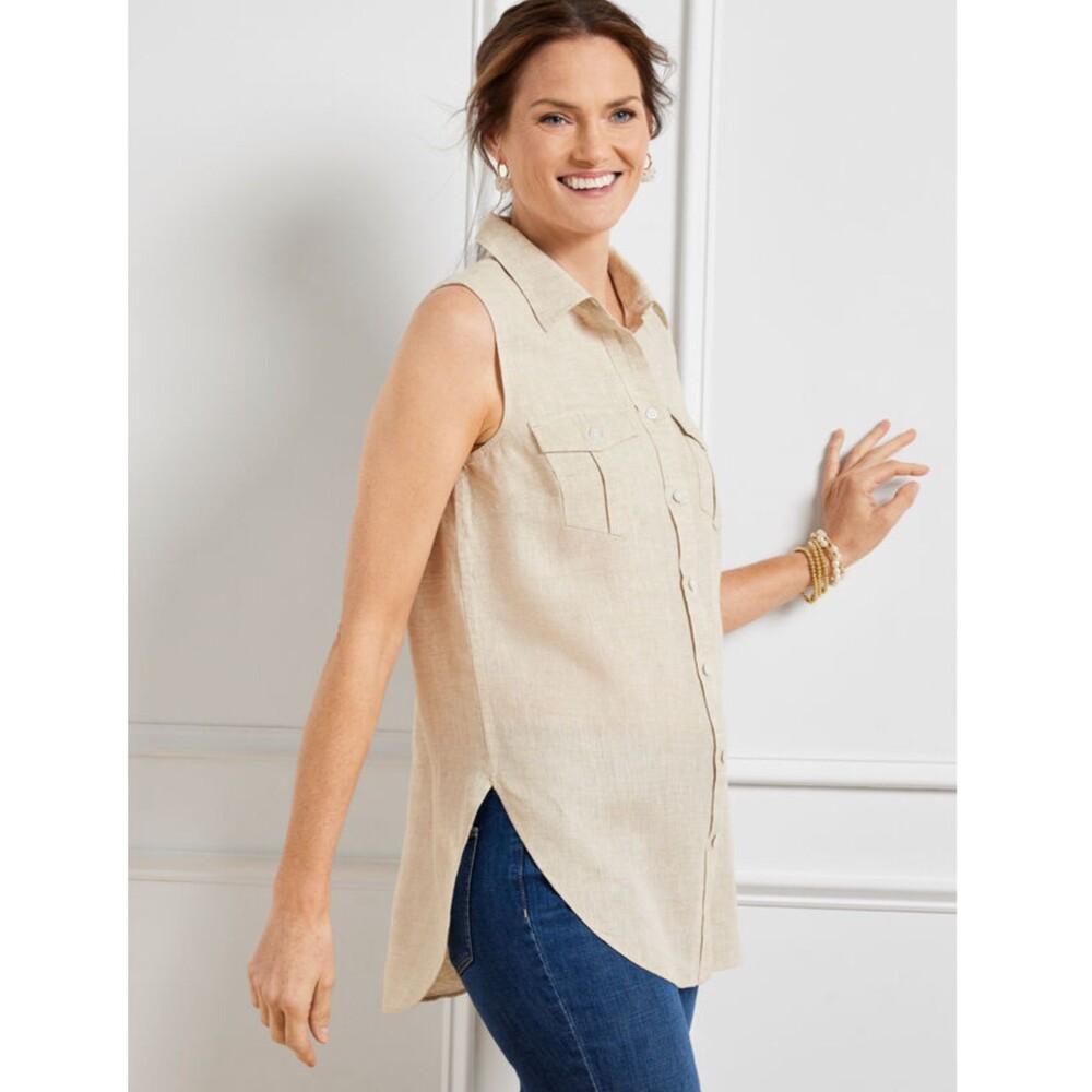 Talbots Size XL Oatmeal  Sleeveless Linen Boyfriend Shirt Pockets Lightweight